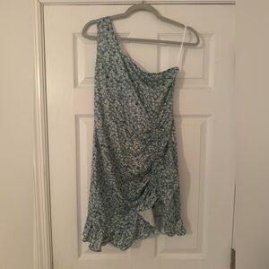 Blue Floral One-Shoulder Ruffle Mini Dress